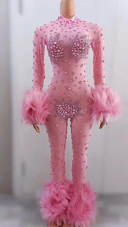 Feather Rhinestone Jumpsuit Fashion Closet Clothing