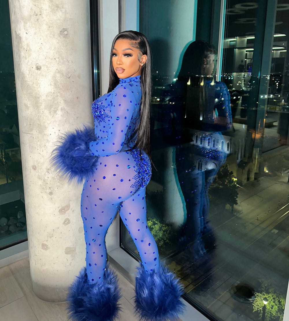 Feather Rhinestone Jumpsuit Fashion Closet Clothing