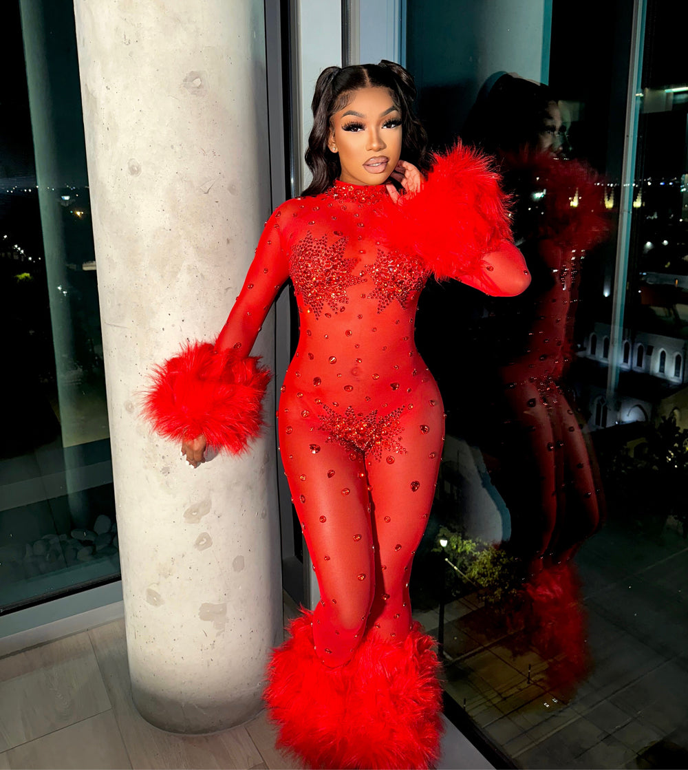 Feather Rhinestone Jumpsuit Fashion Closet Clothing