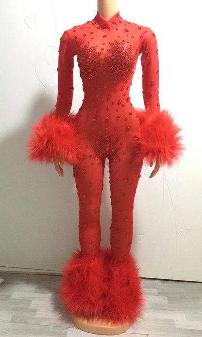 Feather Rhinestone Jumpsuit Fashion Closet Clothing