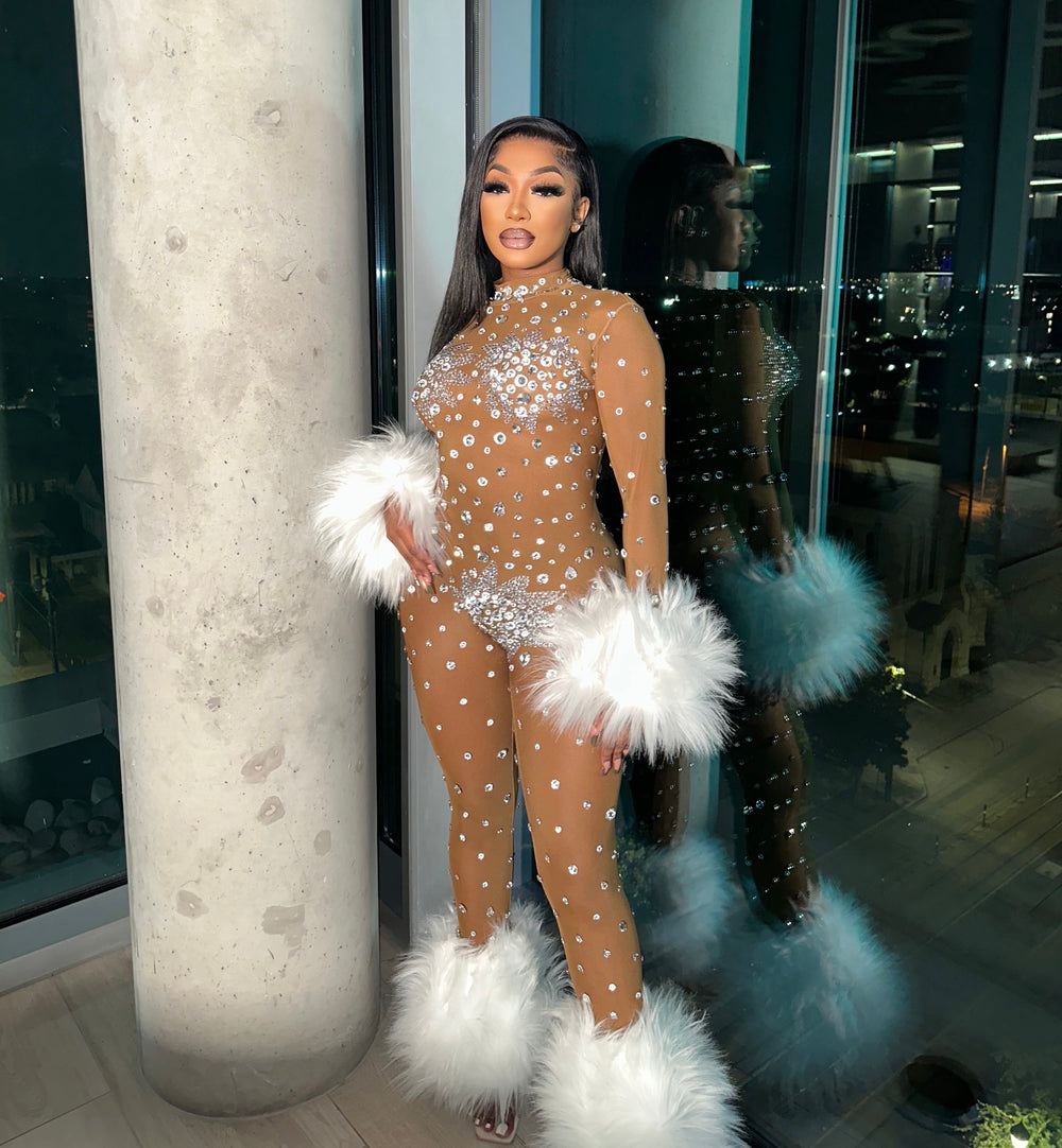 Feather Rhinestone Jumpsuit Fashion Closet Clothing
