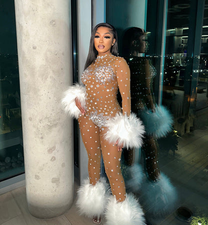 Feather Rhinestone Jumpsuit Fashion Closet Clothing