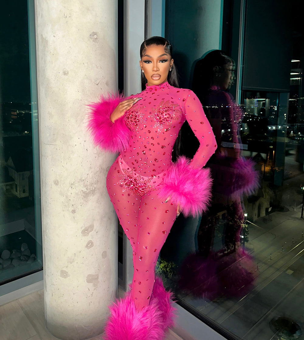 Feather Rhinestone Jumpsuit Fashion Closet Clothing