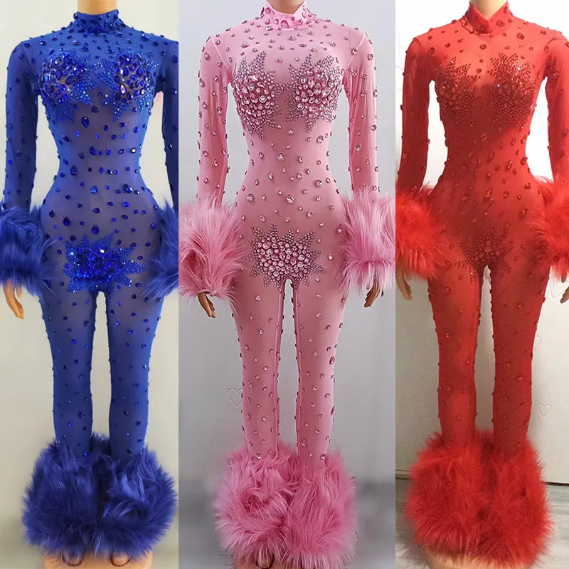 Feather Rhinestone Jumpsuit Fashion Closet Clothing