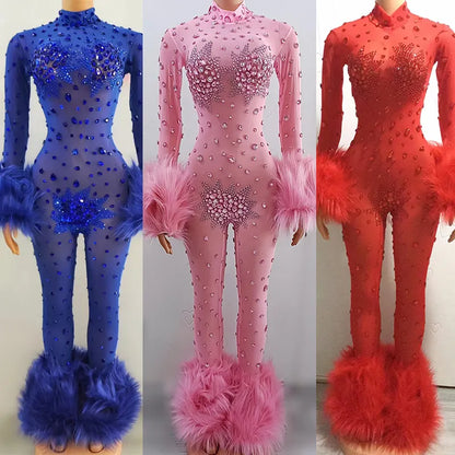 Feather Rhinestone Jumpsuit Fashion Closet Clothing