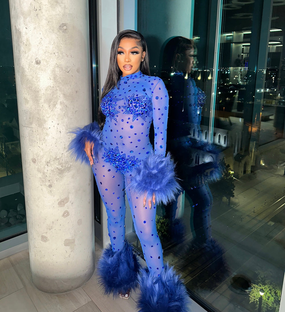 Feather Rhinestone Jumpsuit Fashion Closet Clothing