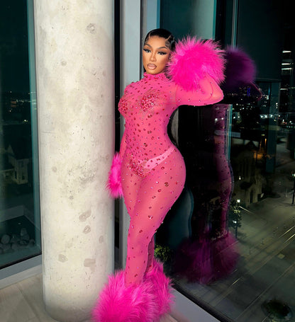 Feather Rhinestone Jumpsuit Fashion Closet Clothing