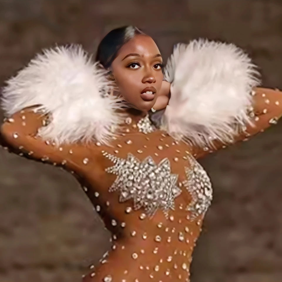 Feather Rhinestone Jumpsuit Fashion Closet Clothing