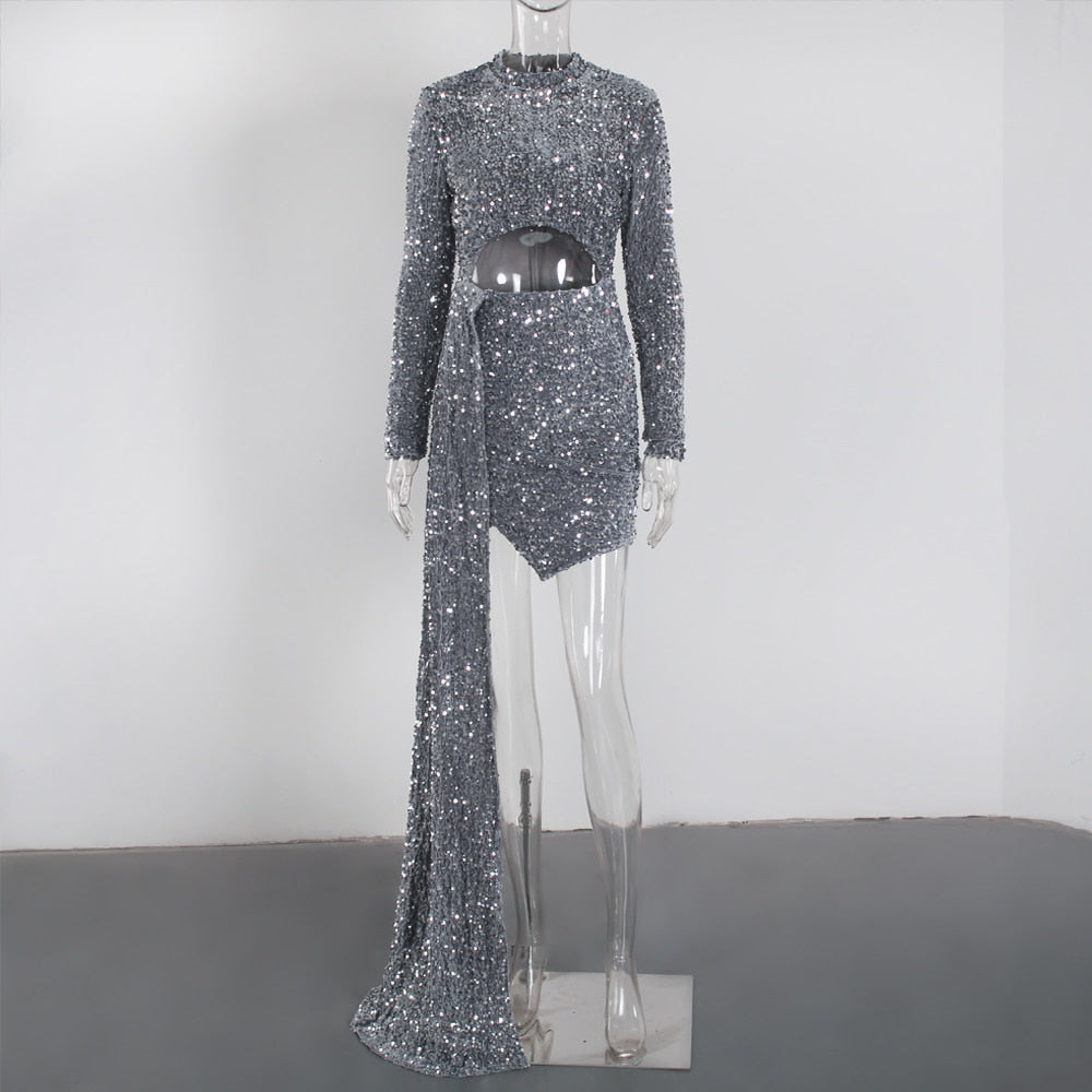 Gigi Long Side Train Sequin Dress Fashion Closet Clothing