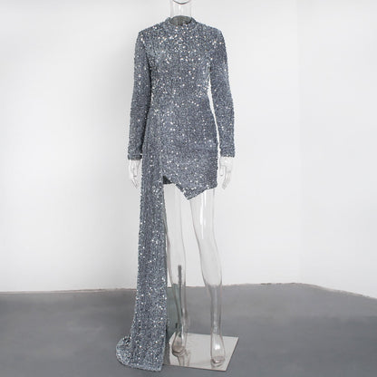 Gigi Long Side Train Sequin Dress Fashion Closet Clothing