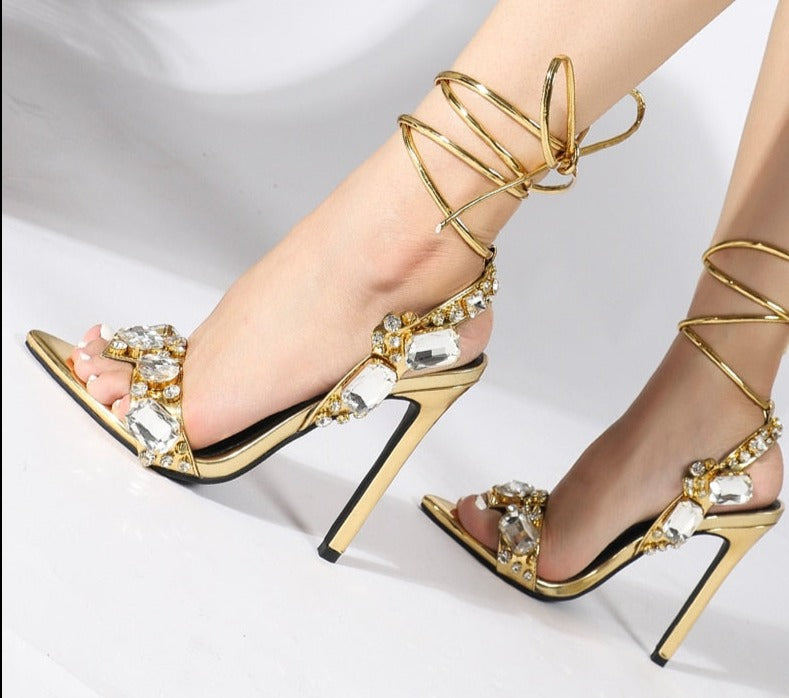 Golden Ankle Lace-Up High Heels Fashion Closet Clothing