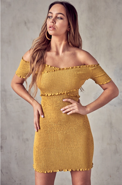 Golden Ruched Mini Dress- Lime Fashion Closet Clothing