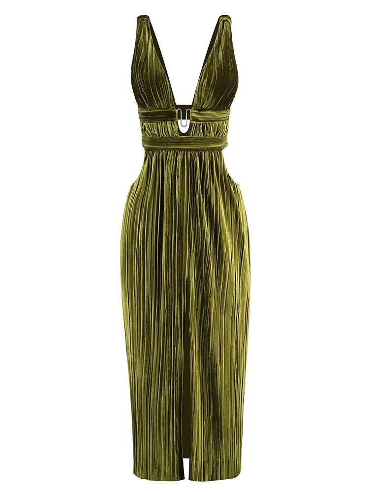 Green Pleated Maxi Dress Fashion Closet Clothing