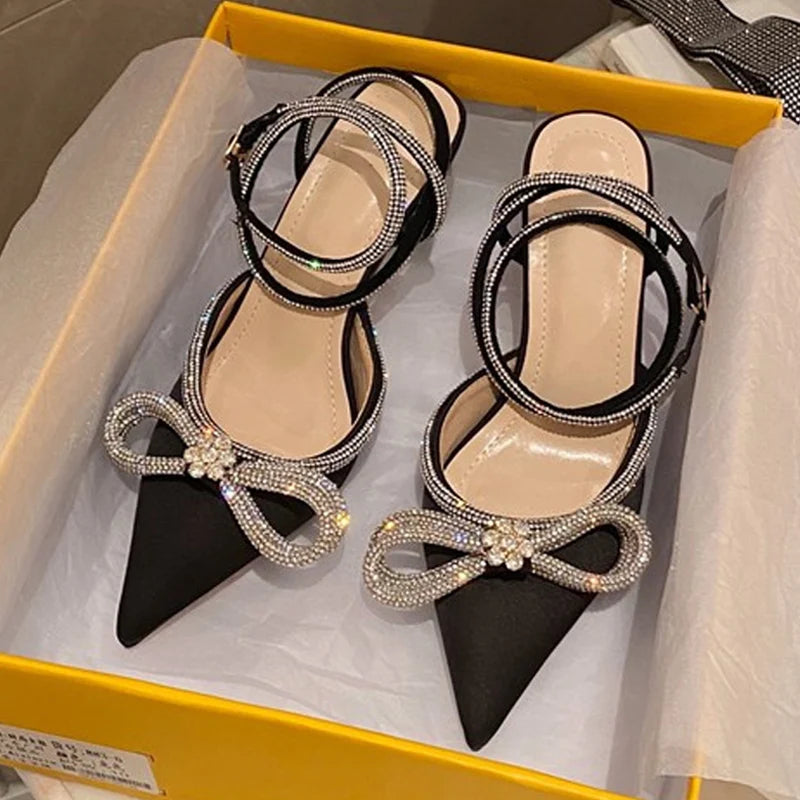 Rhinestone Bowknot Silk Pointed Toe High Heels