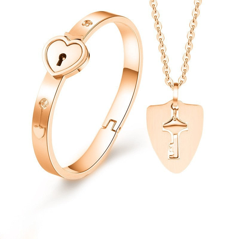 Titanium Heart Love Lock Bracelet with Key Pendant Necklace Steel Bangle  Sets Couple Gifts - Walmart.com