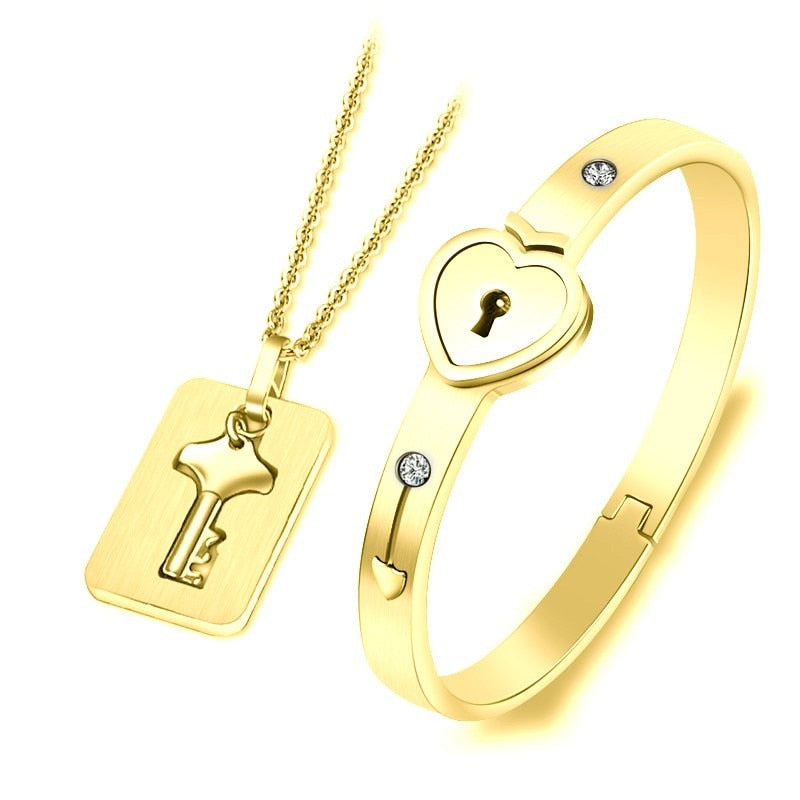 Heart Love Lock Bracelet With Key and Necklace Fashion Closet Clothing