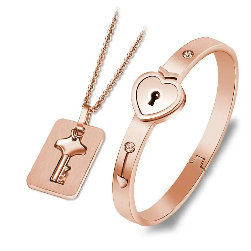 Heart Love Lock Bracelet With Key and Necklace Fashion Closet Clothing