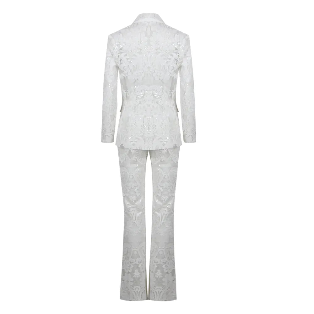 Hillary Lace Sequined Blazer Pants Set Fashion Closet Clothing