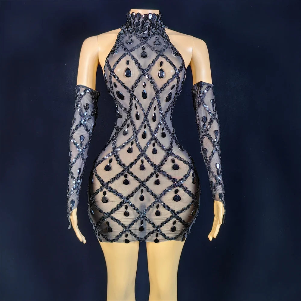 Hillary Rhinestones Mesh Dress Fashion Closet Clothing