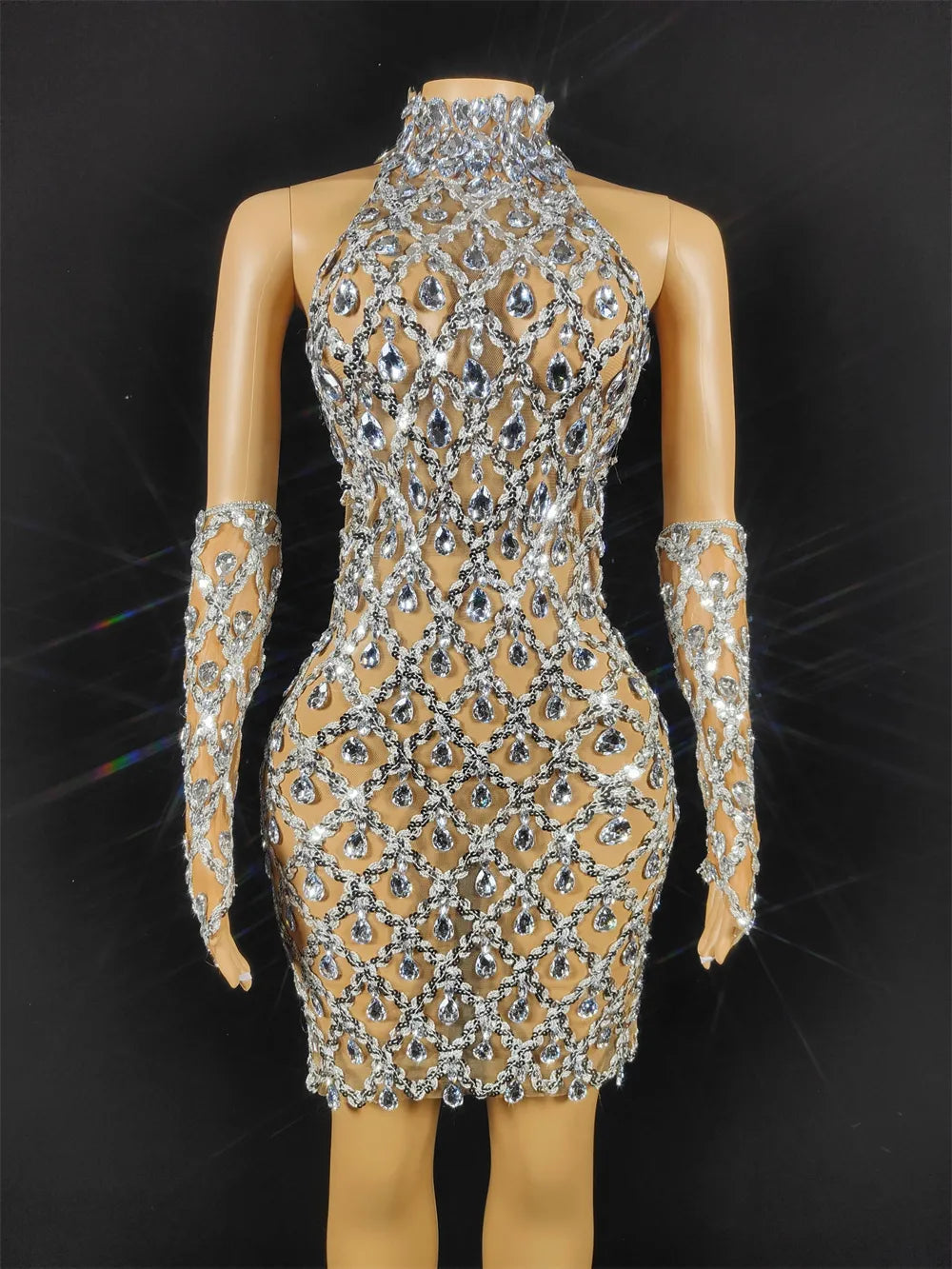 Hillary Rhinestones Mesh Dress Fashion Closet Clothing