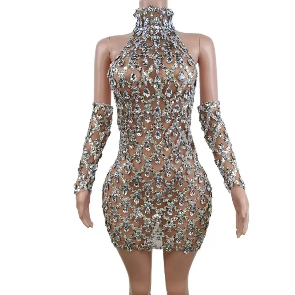 Hillary Rhinestones Mesh Dress Fashion Closet Clothing