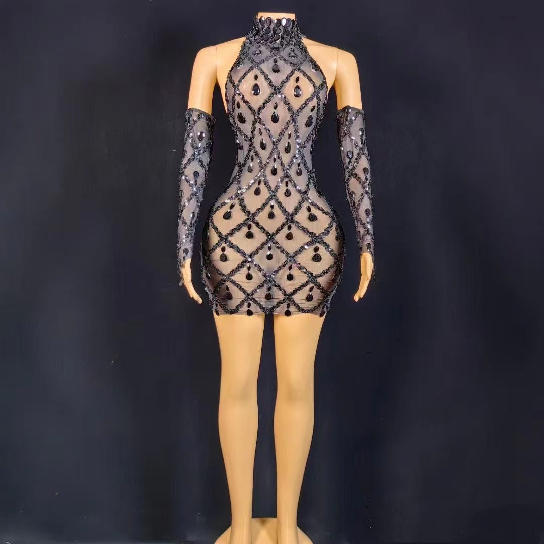 Hillary Rhinestones Mesh Dress Fashion Closet Clothing