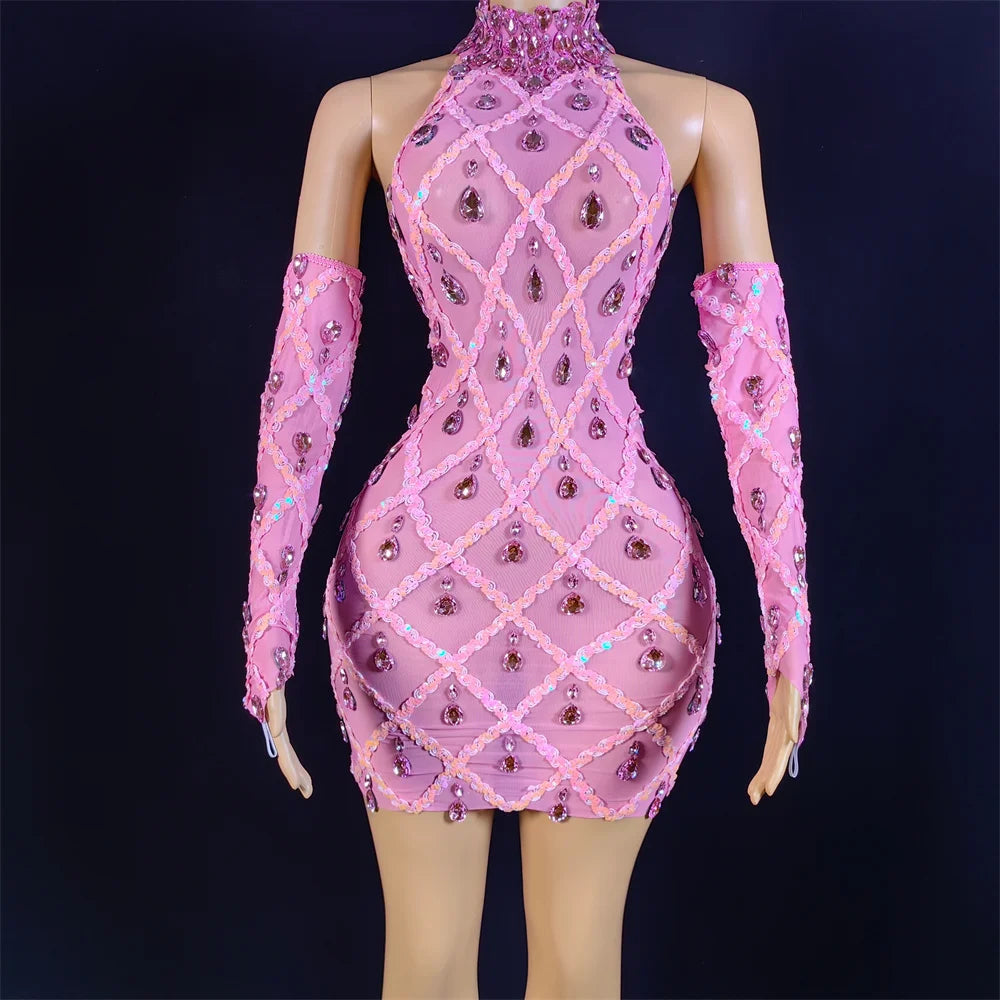 Hillary Rhinestones Mesh Dress Fashion Closet Clothing
