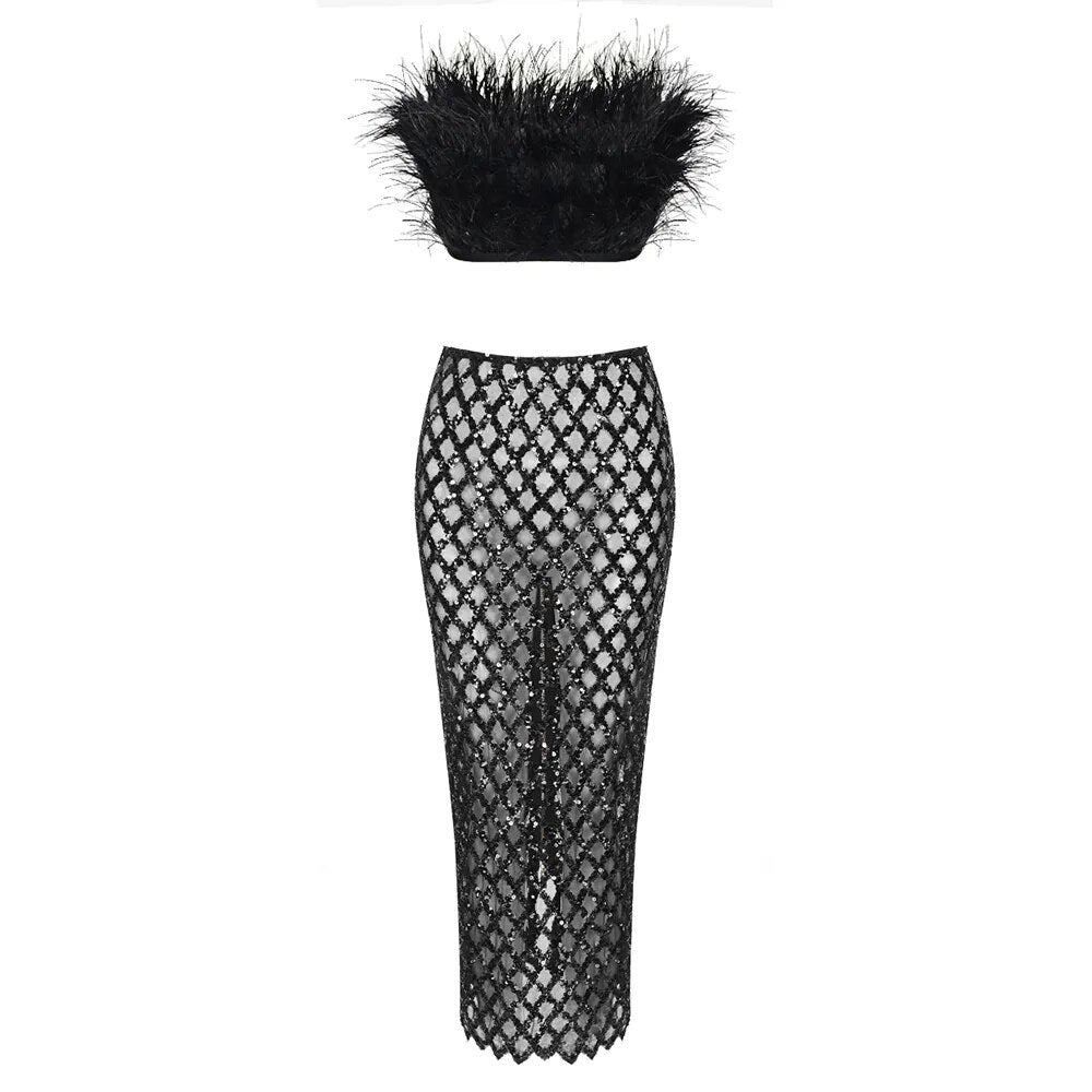 Leana Feather Bandage Skirt Set Fashion Closet Clothing