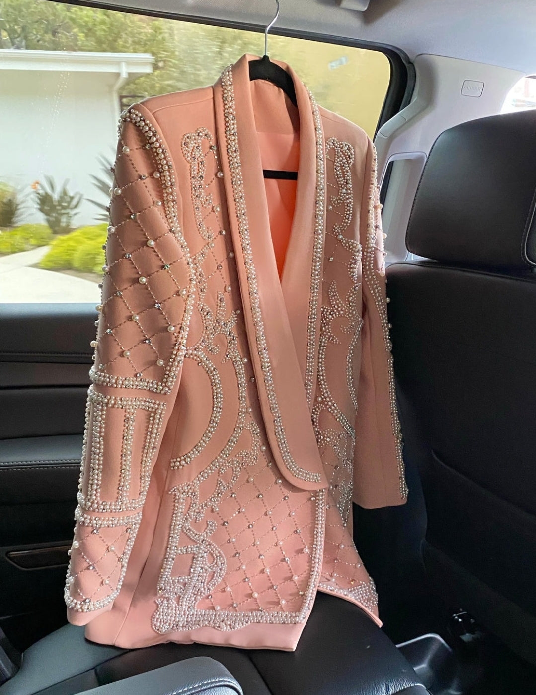 pink pearl blazer dress Saint Genies pearl embellished blazer dress in hot pink