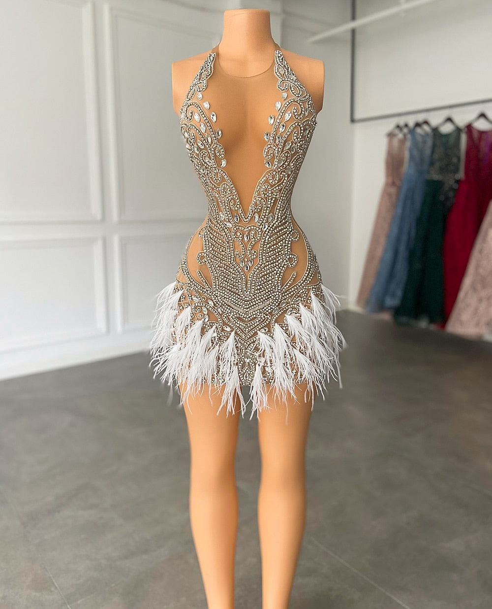 Luxury Beaded Crystal Feather Dress Fashion Closet Clothing