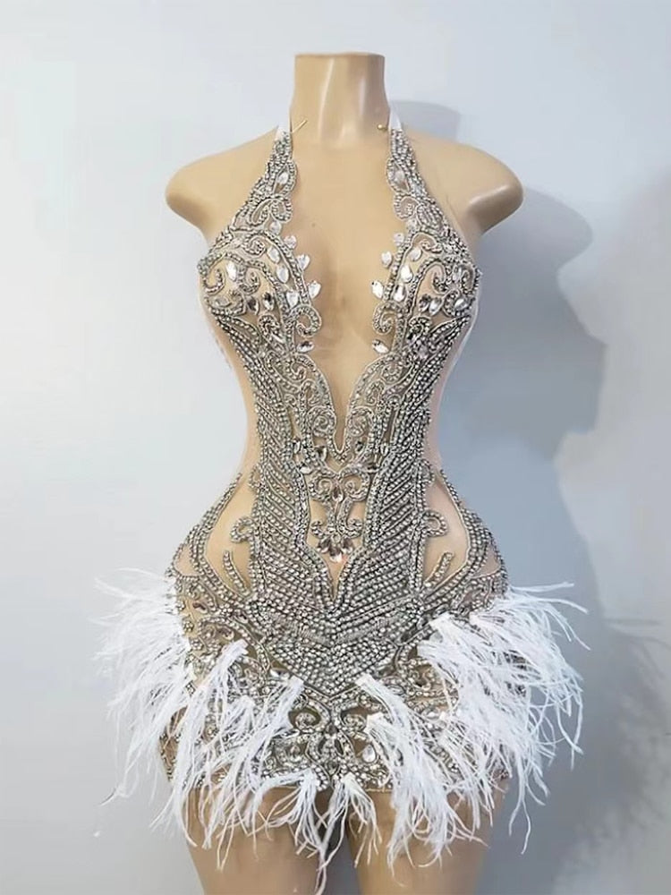 Luxury Beaded Crystal Feather Dress Fashion Closet Clothing