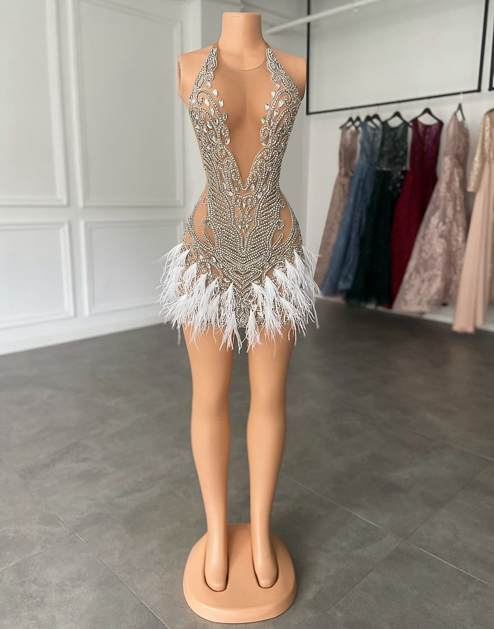 Luxury Beaded Crystal Feather Dress Fashion Closet Clothing