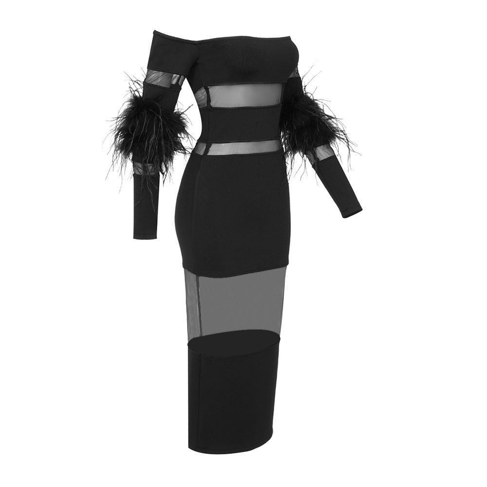 Luxury Feather Bandage Midi Dress Fashion Closet Clothing