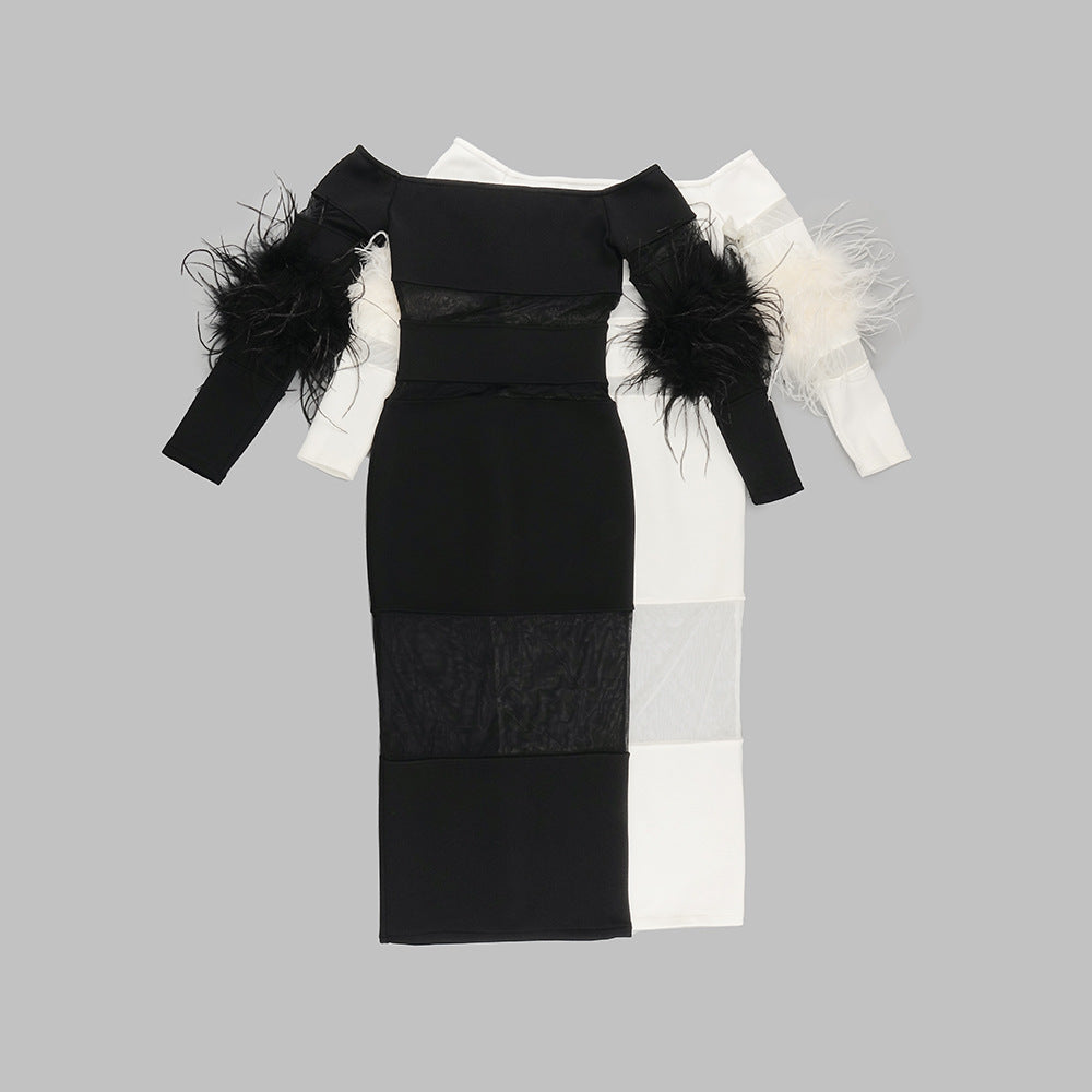 Luxury Feather Bandage Midi Dress Fashion Closet Clothing