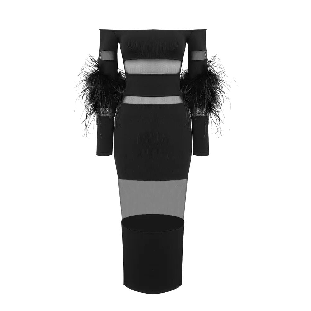 Luxury Feather Bandage Midi Dress Fashion Closet Clothing