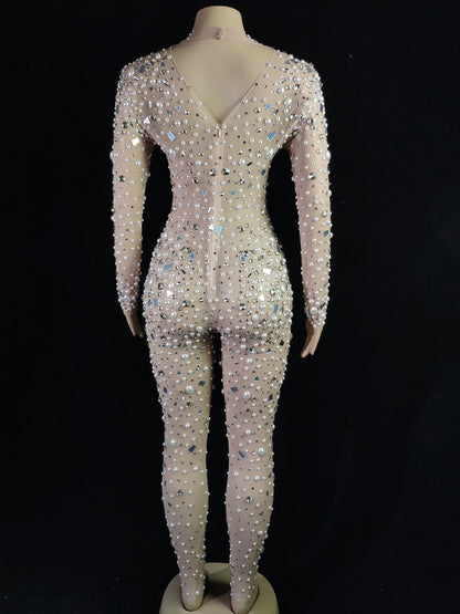 Luxury Pearl Mesh Jumpsuit Fashion Closet Clothing