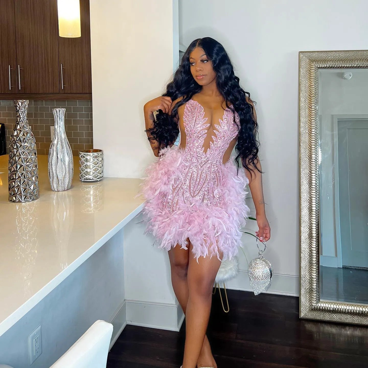 feathers on dress Luxury Sheer Cocktail Feather Dress