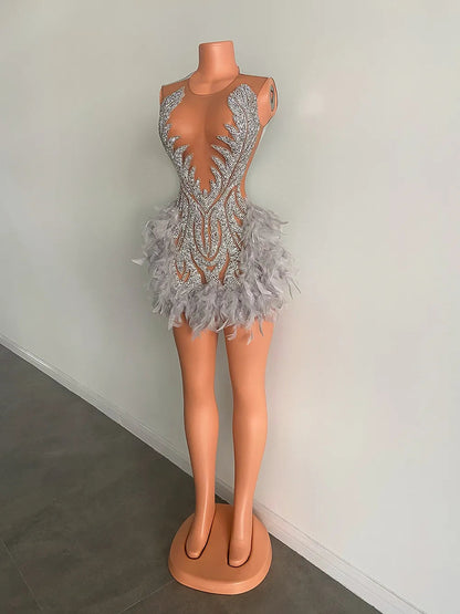 Luxury Sheer Cocktail Feather Dress Fashion Closet Clothing