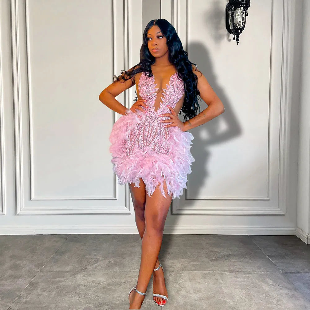 Luxury Sheer Cocktail Feather Dress Fashion Closet Clothing