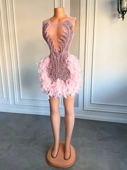Luxury Sheer Cocktail Feather Dress Fashion Closet Clothing
