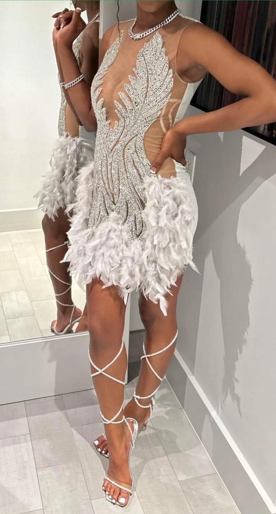 Luxury Sheer Cocktail Feather Dress Fashion Closet Clothing