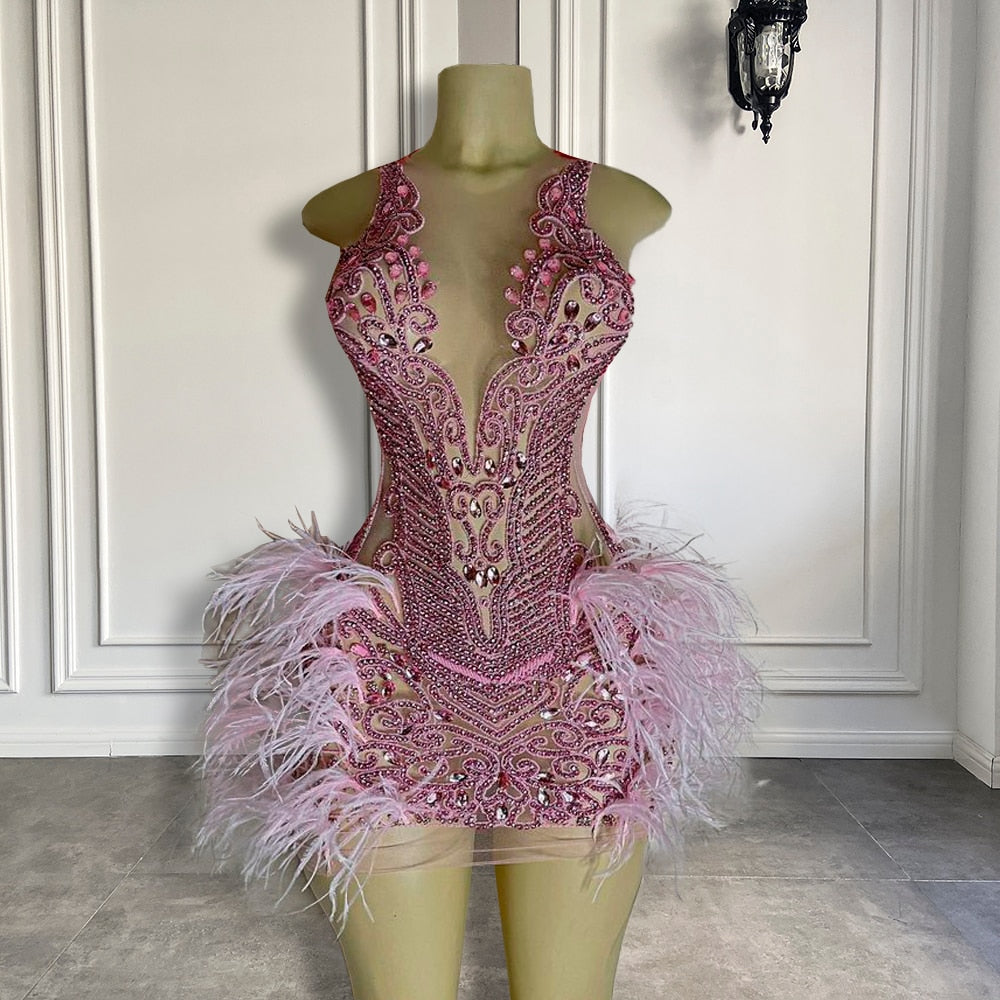 Luxury Sheer Crystal Feather Mini Dress Fashion Closet Clothing