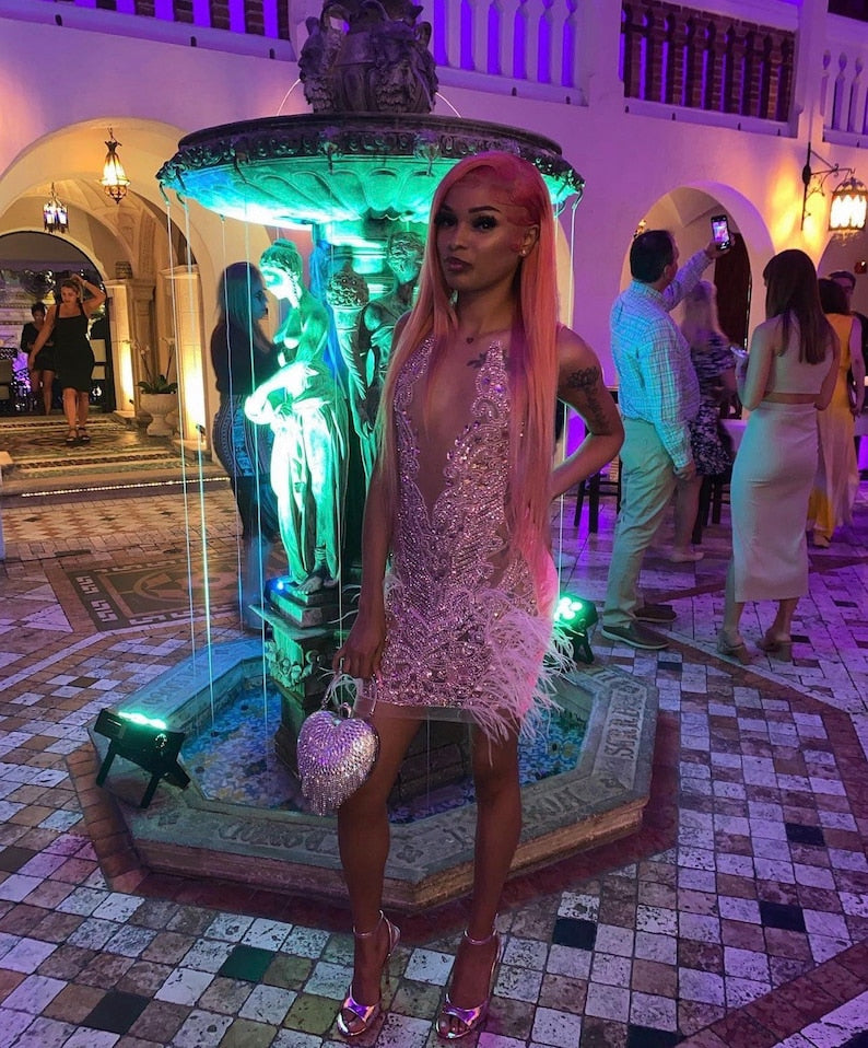 Luxury Sheer Crystal Feather Mini Dress Fashion Closet Clothing