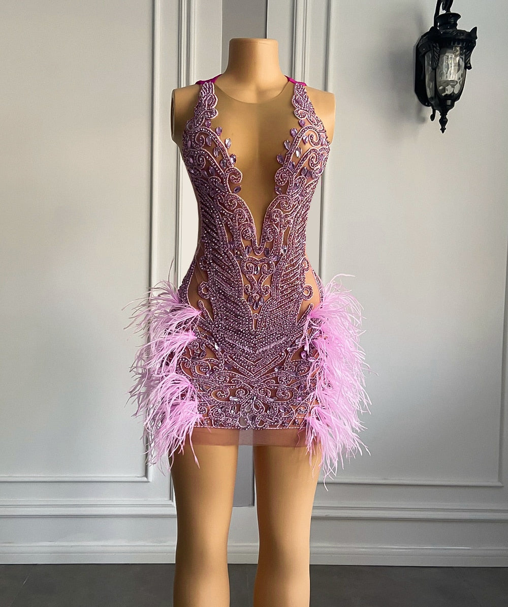 Luxury Sheer Crystal Feather Mini Dress Fashion Closet Clothing