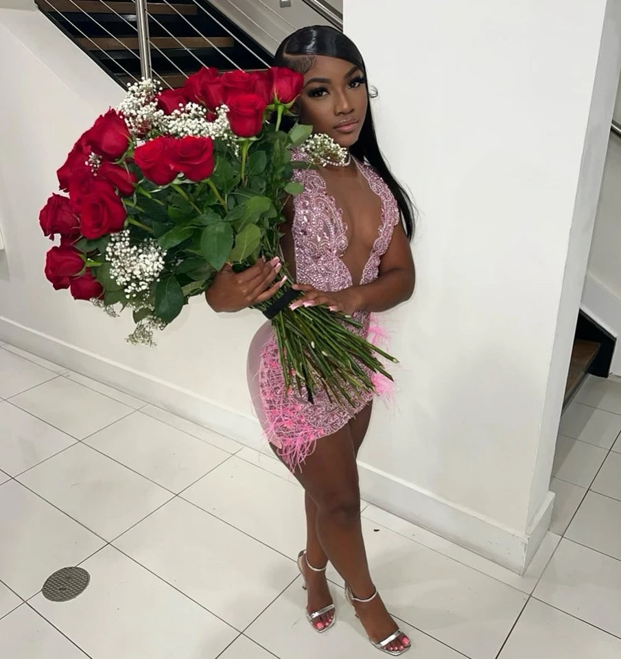 Luxury Sheer Crystal Feather Mini Dress Fashion Closet Clothing