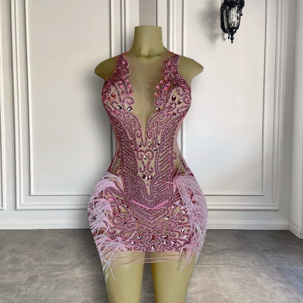 Luxury Sheer Crystal Feather Mini Dress Fashion Closet Clothing