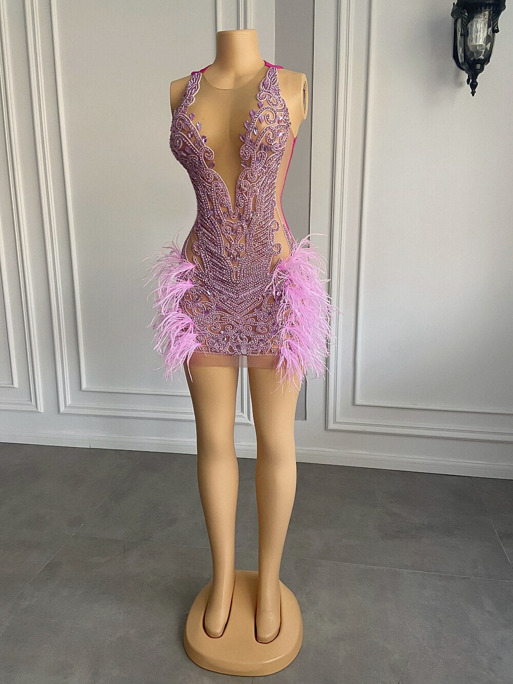 Luxury Sheer Crystal Feather Mini Dress Fashion Closet Clothing