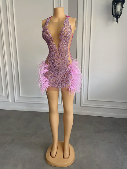 Luxury Sheer Crystal Feather Mini Dress Fashion Closet Clothing