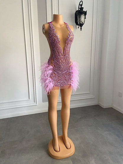 Luxury Sheer Crystal Feather Mini Dress Fashion Closet Clothing