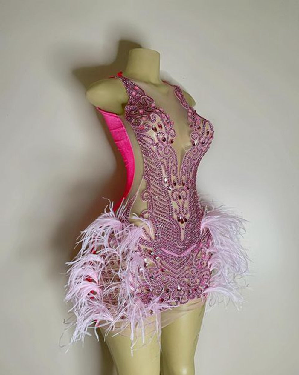 Luxury Sheer Crystal Feather Mini Dress Fashion Closet Clothing